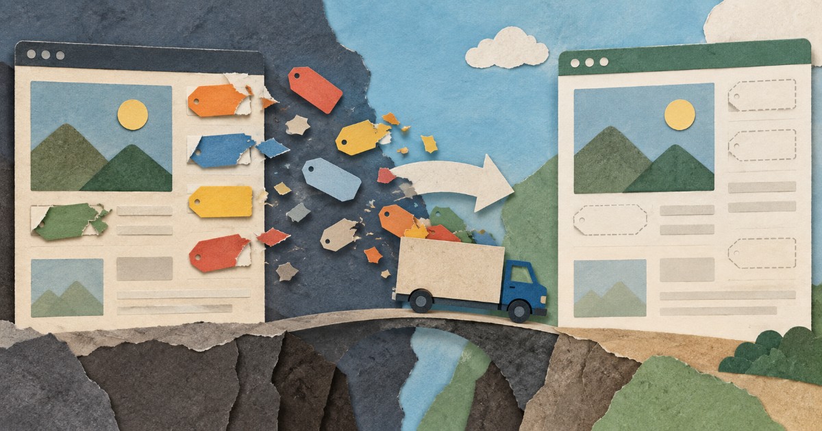 Ilustrace ztráty popisných štítků webu při migraci na nový systém