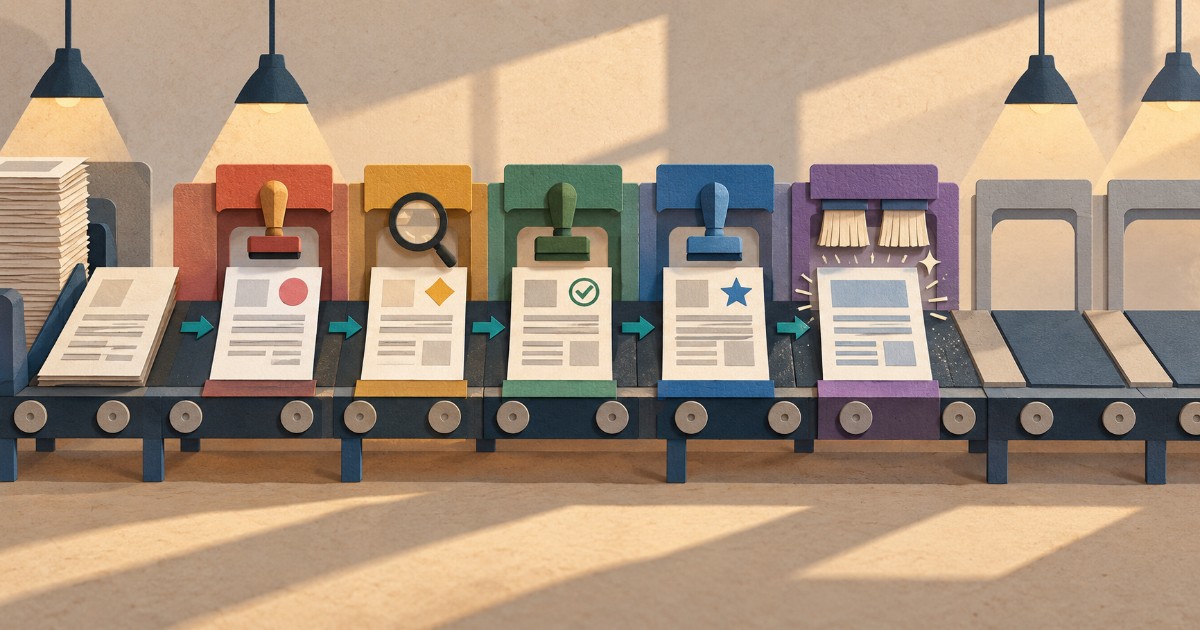 SEO software, který už nesleduje jen pozice v Google, ale i vaši značku v odpovědích AI asistentů obrázek 2 Papírová koláž textu procházejícího řadou kontrolních stanic na pásu