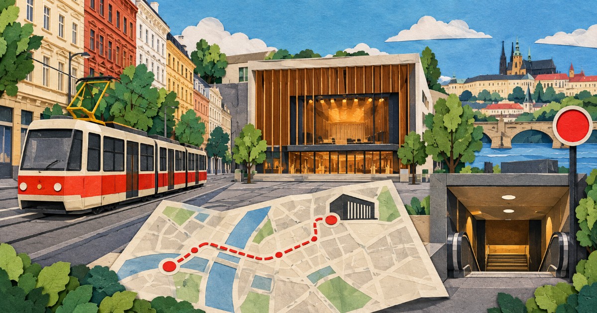Forum Karlín - koncerty bez stresu s naším průvodcem od koupě vstupenky po přespání obrázek 2 Pražská ulice s tramvají, vstupem do metra a mapou trasy k hudebnímu sálu