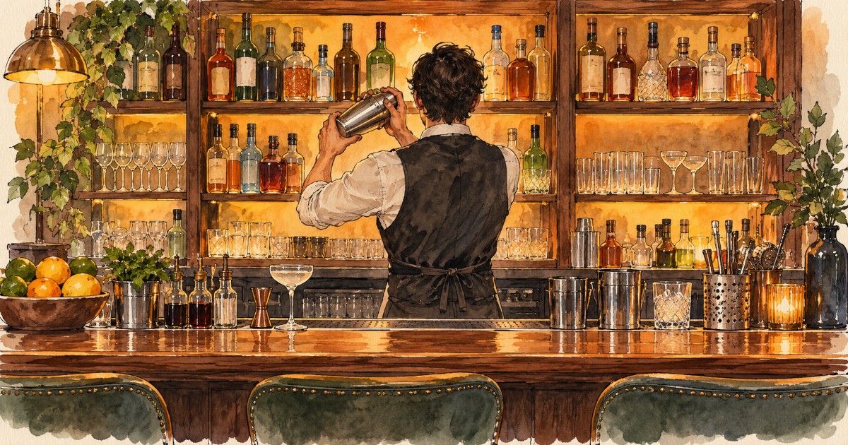 Koktejlové bary Brno nabízí na každém rohu. Jak si ale poprvé objednat drink, když se nevyznáte v názvech? obrázek 1 Barman připravuje koktejl za barovým pultem před policí s lahvemi