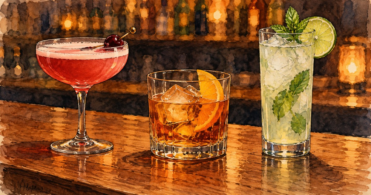 Koktejlové bary Brno nabízí na každém rohu. Jak si ale poprvé objednat drink, když se nevyznáte v názvech? obrázek 2 Tři klasické koktejly v různých sklenicích na dřevěném barovém pultu